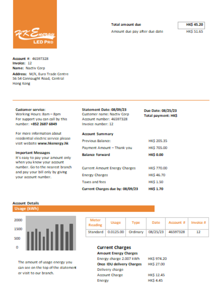 Hong Kong Energy Ltd utility business bill, SCR PSD template